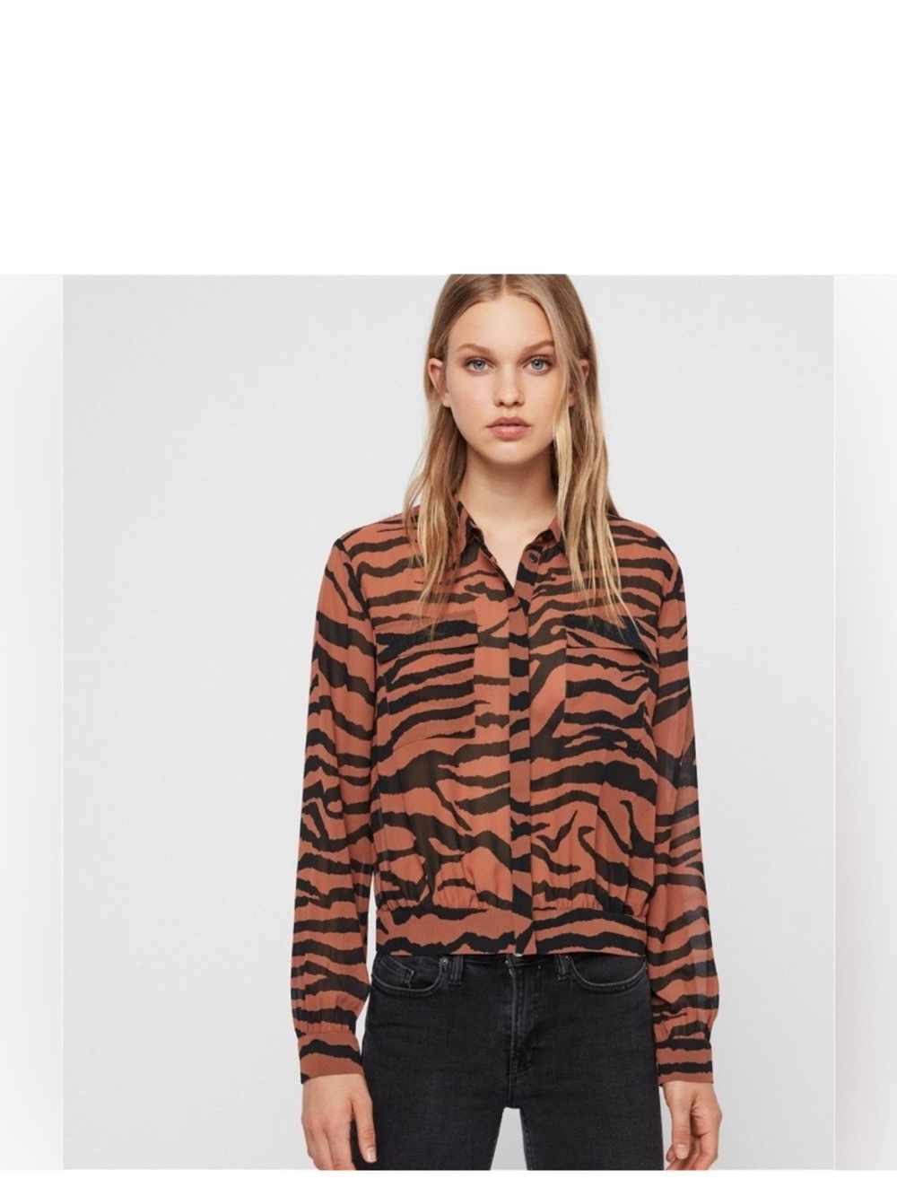 AllSaints Adeliza Zephyr Rust and Black Zebra Print Button-Down Blouse